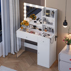 Makeup Vanity Desk With LED Mirror, Glass Top and Storage Shelves