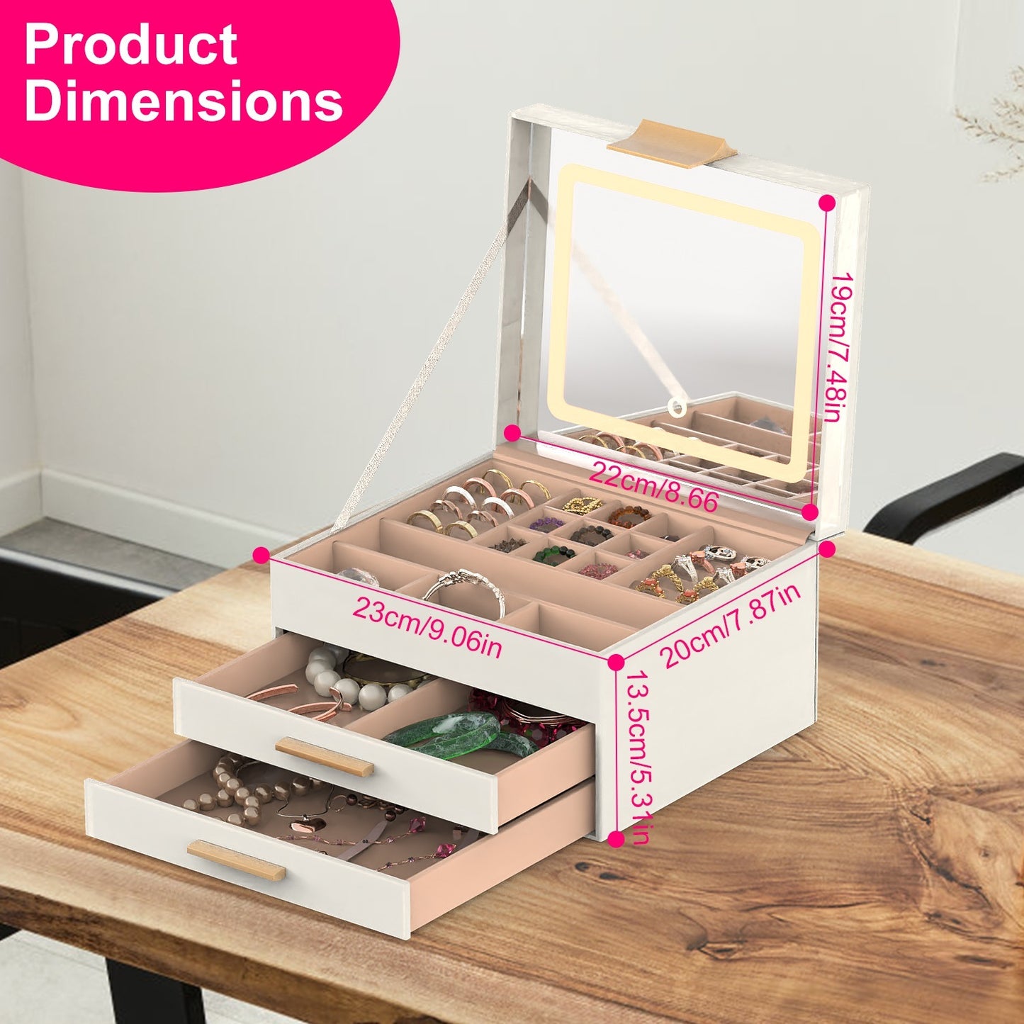 3 Layer Jewelry Box With LED Mirror With 2 Drawers