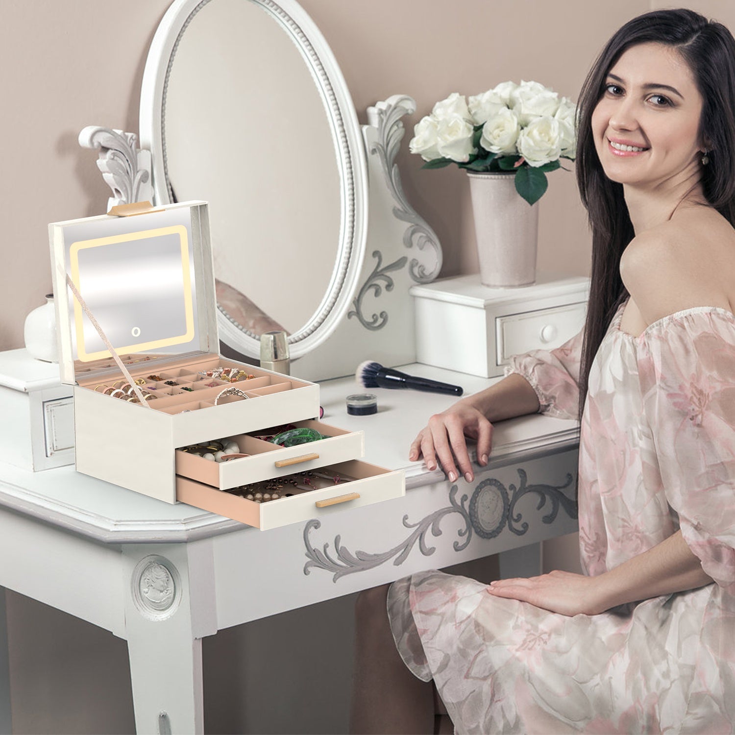 3 Layer Jewelry Box With LED Mirror With 2 Drawers