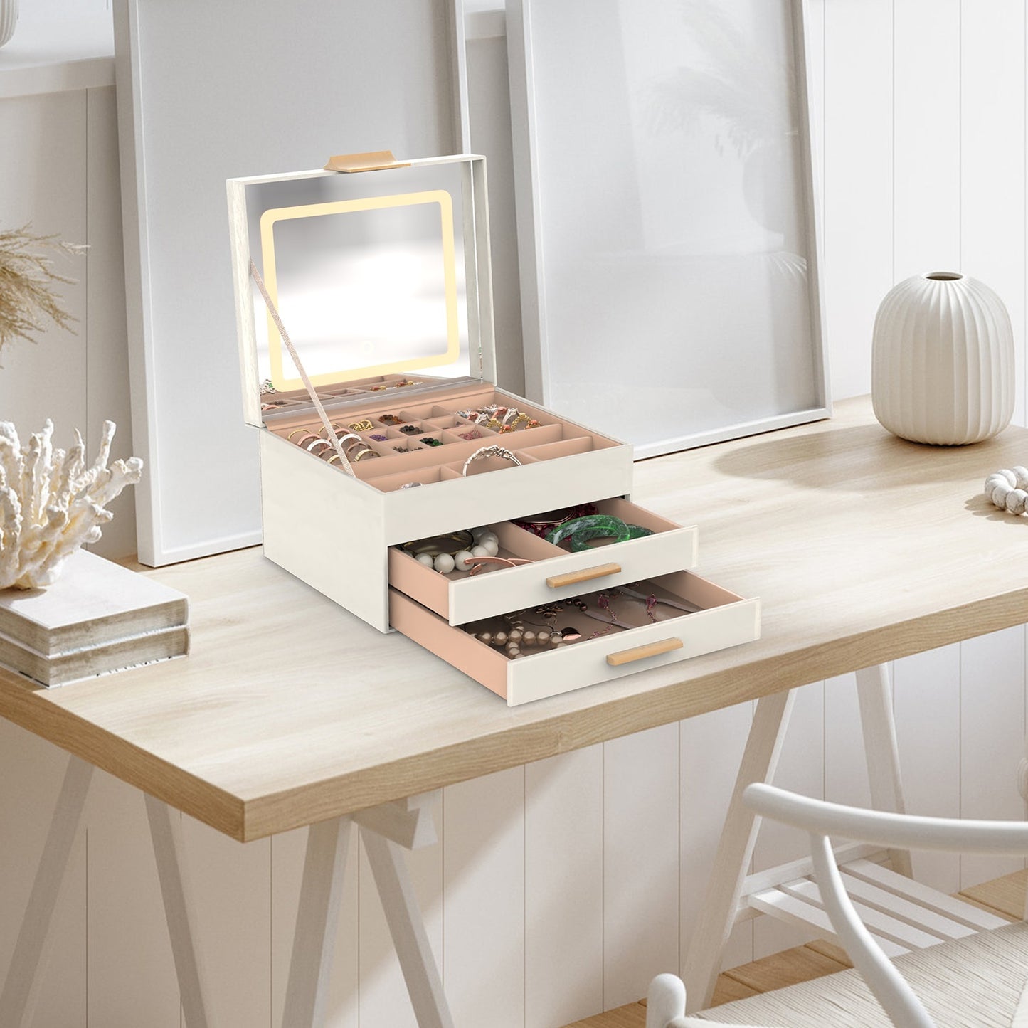 3 Layer Jewelry Box With LED Mirror With 2 Drawers