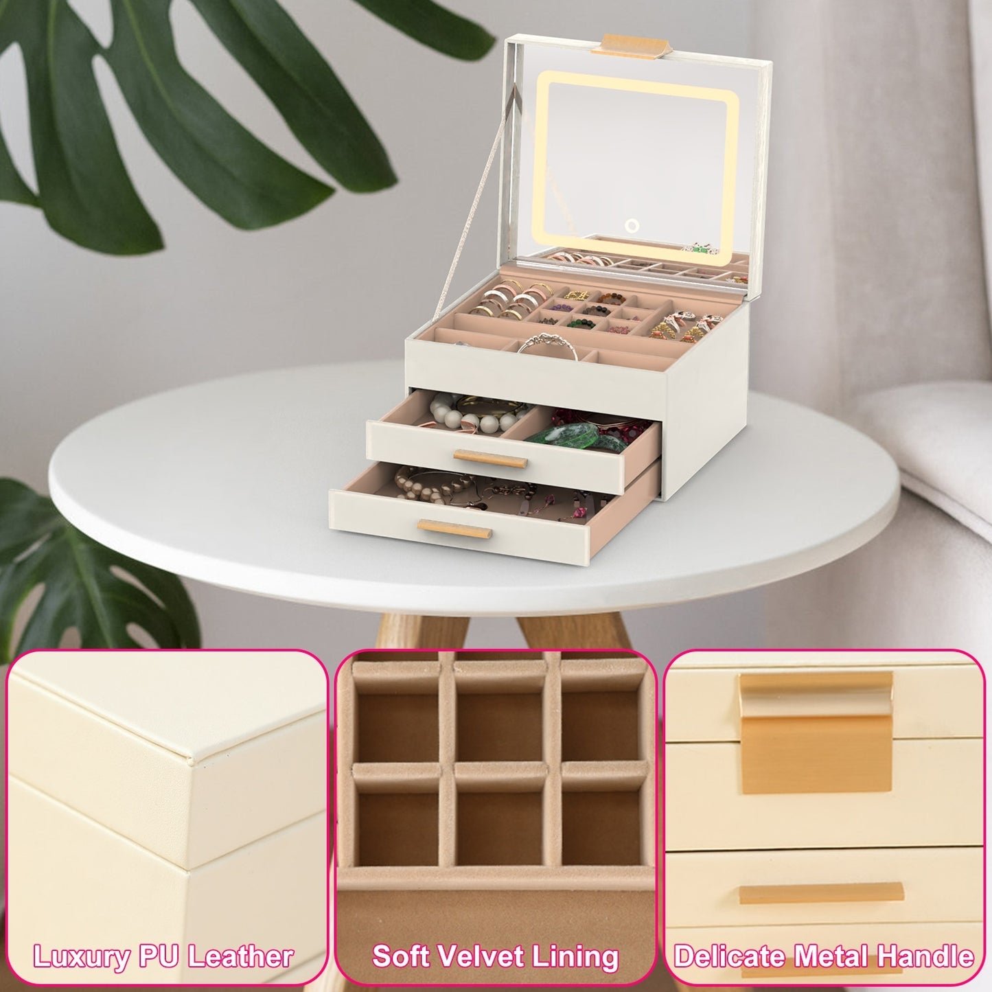 3 Layer Jewelry Box With LED Mirror With 2 Drawers