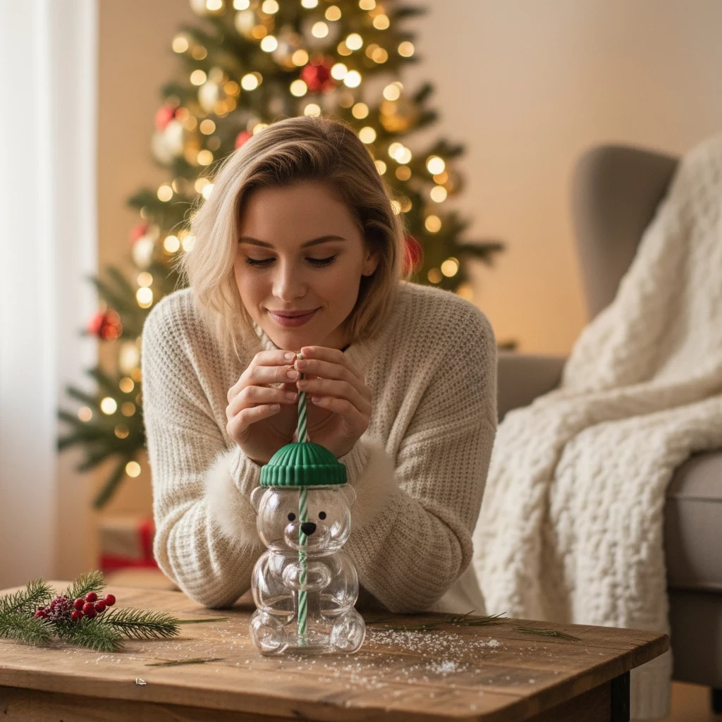 Luxury Bear-Shaped Glass Tumbler With Straw & Lid