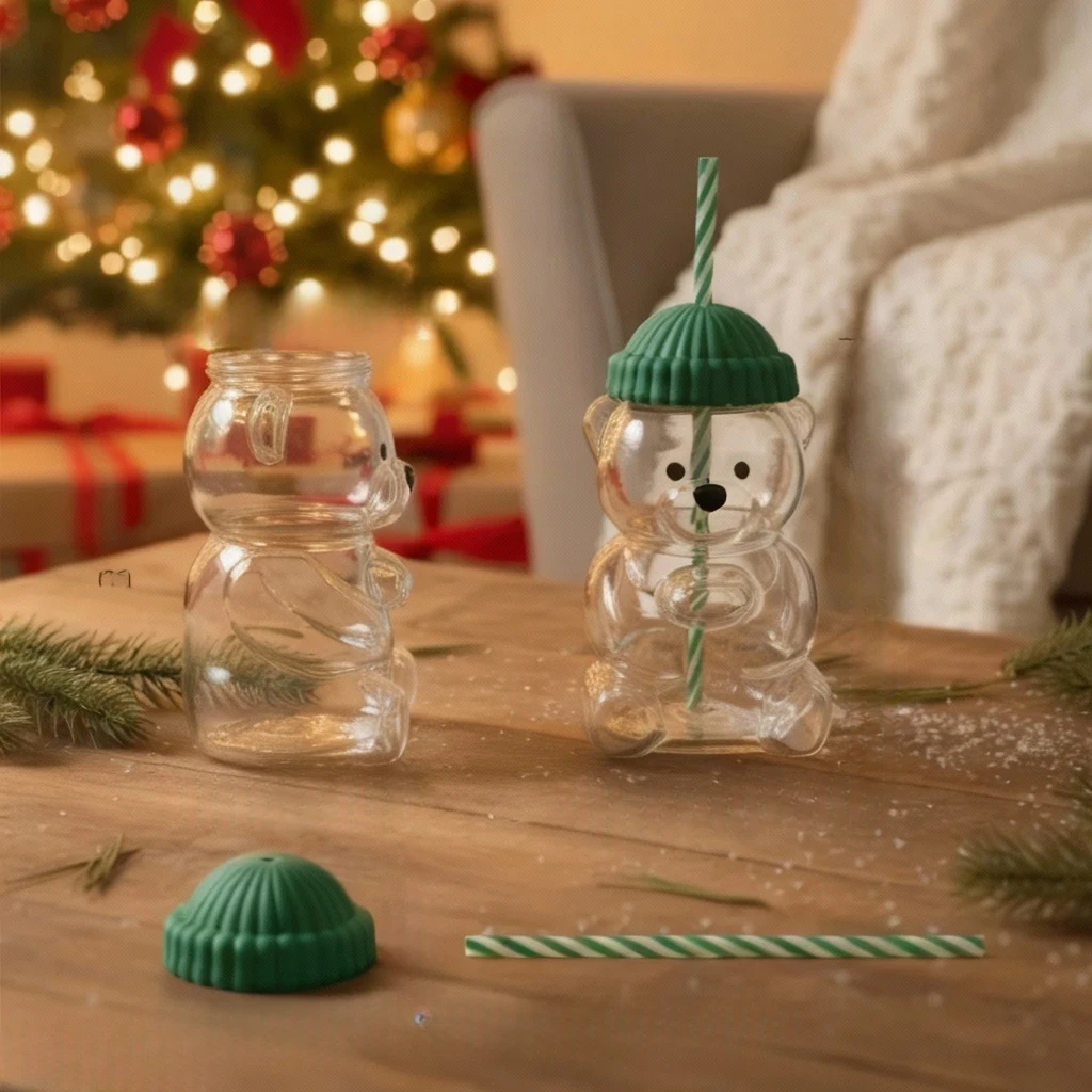 Luxury Bear-Shaped Glass Tumbler With Straw & Lid