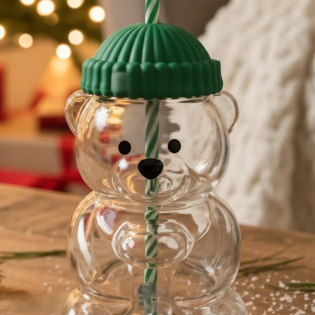 Luxury Bear-Shaped Glass Tumbler With Straw & Lid