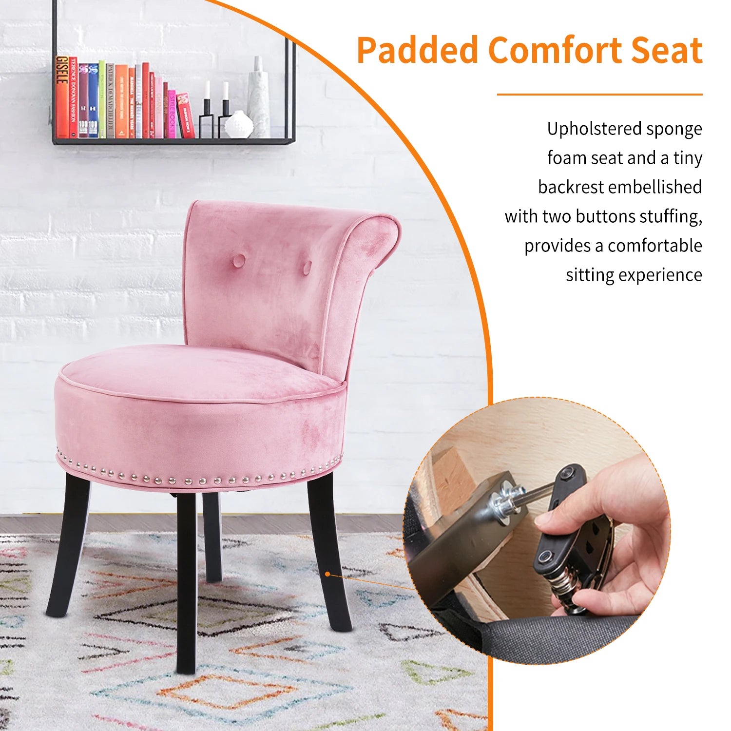 Padded Makeup Dressing Stool Chair with Wood Legs