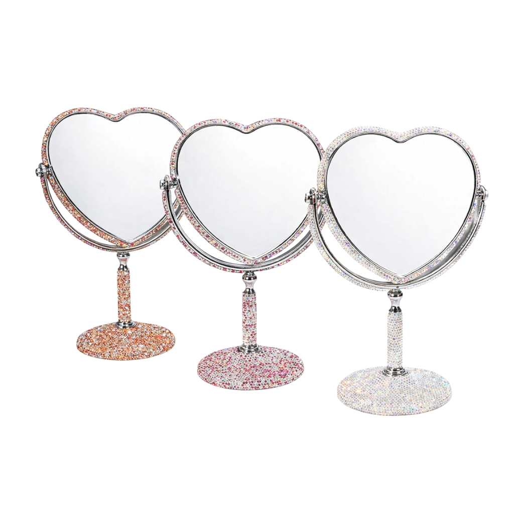Double-Sided Heart Shape Makeup Mirror - Rhinestones