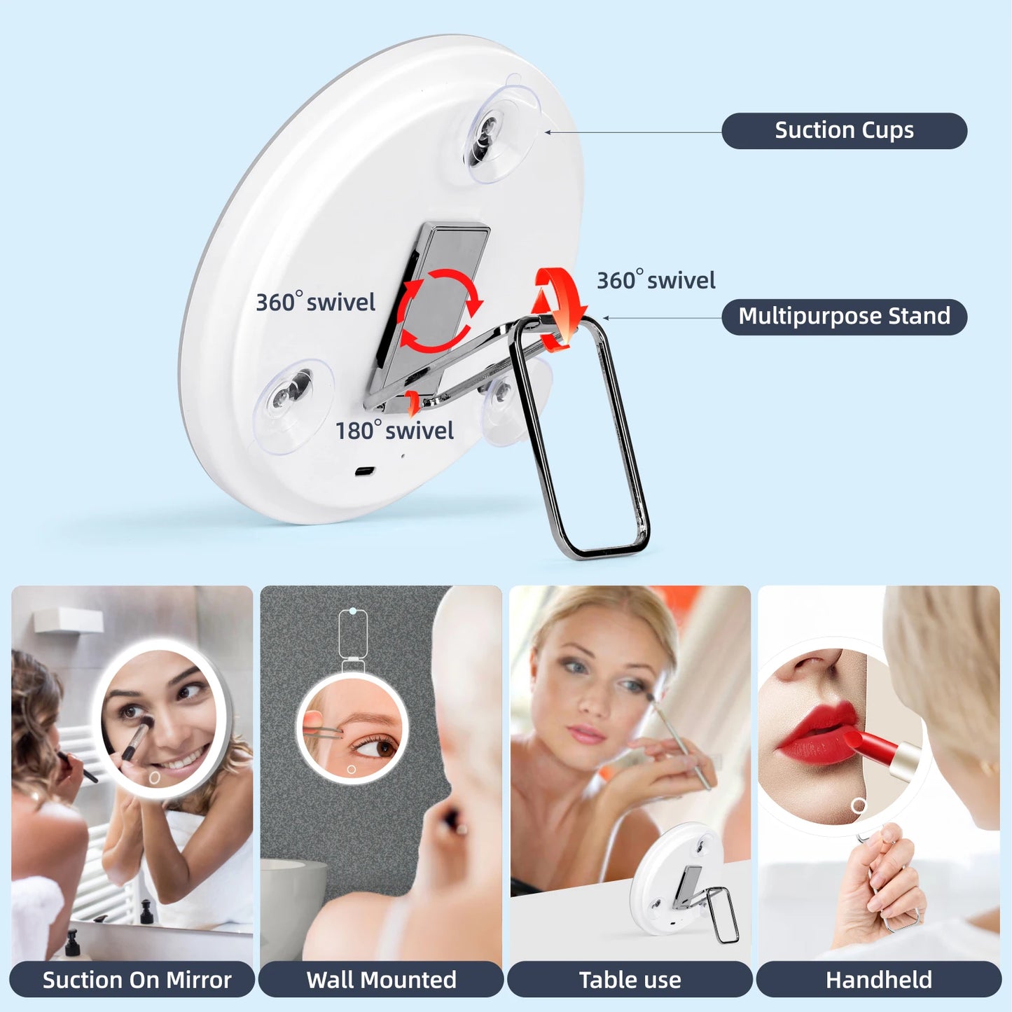 Rounded Standing Makeup Mirror With LED Light & Magnification [10X/20X/30X]