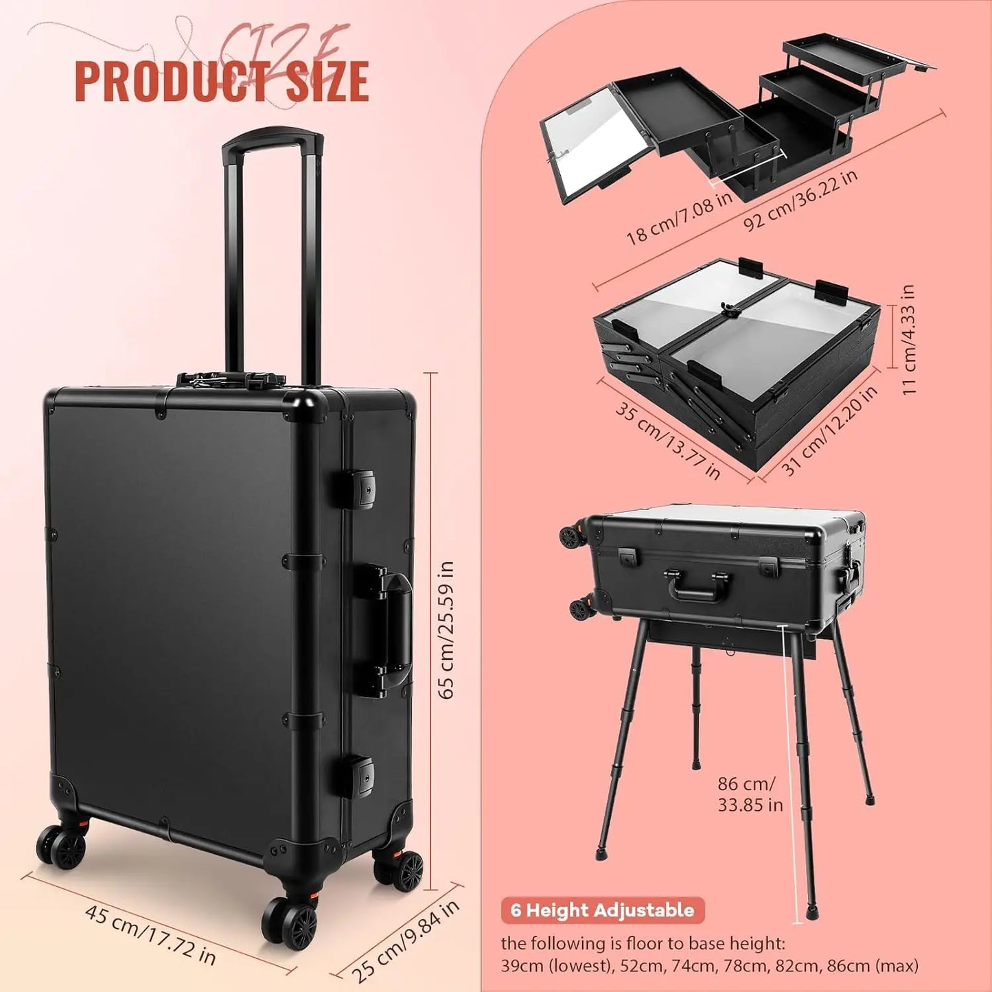 24'' Aluminum Rolling Makeup Trolley With 8 LED Lights and Stand