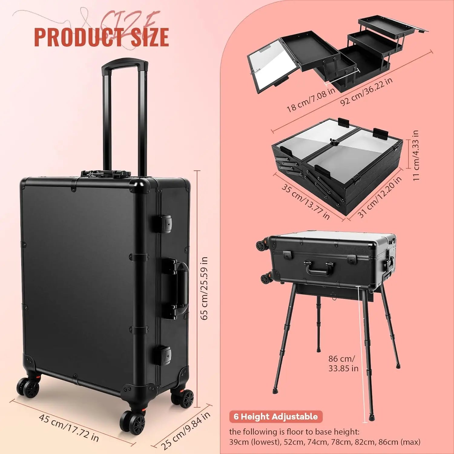 24'' Aluminum Rolling Makeup Trolley With 8 LED Lights and Stand