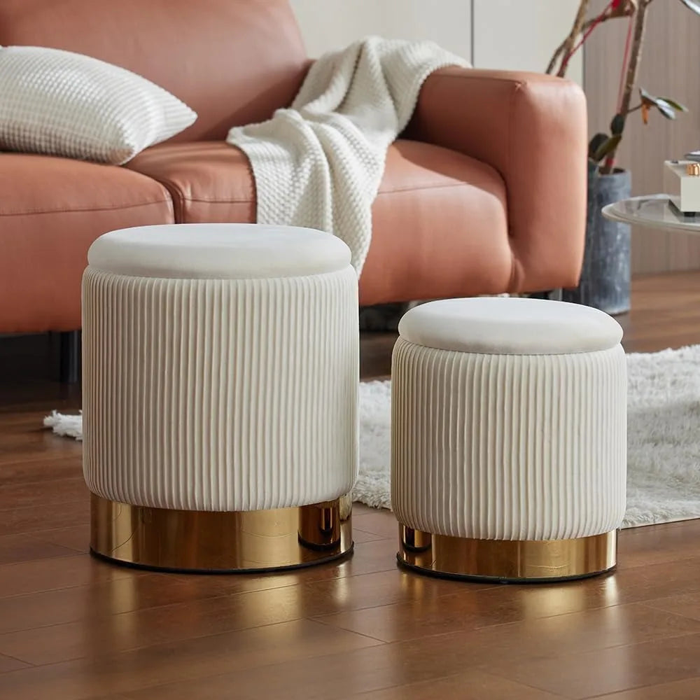 Set Of 2 Round Ottoman Vanity Stool [Cream]