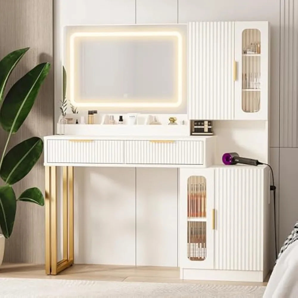 45" Fluted Makeup Vanity Desk With 5 Drawers & Storage Shelves