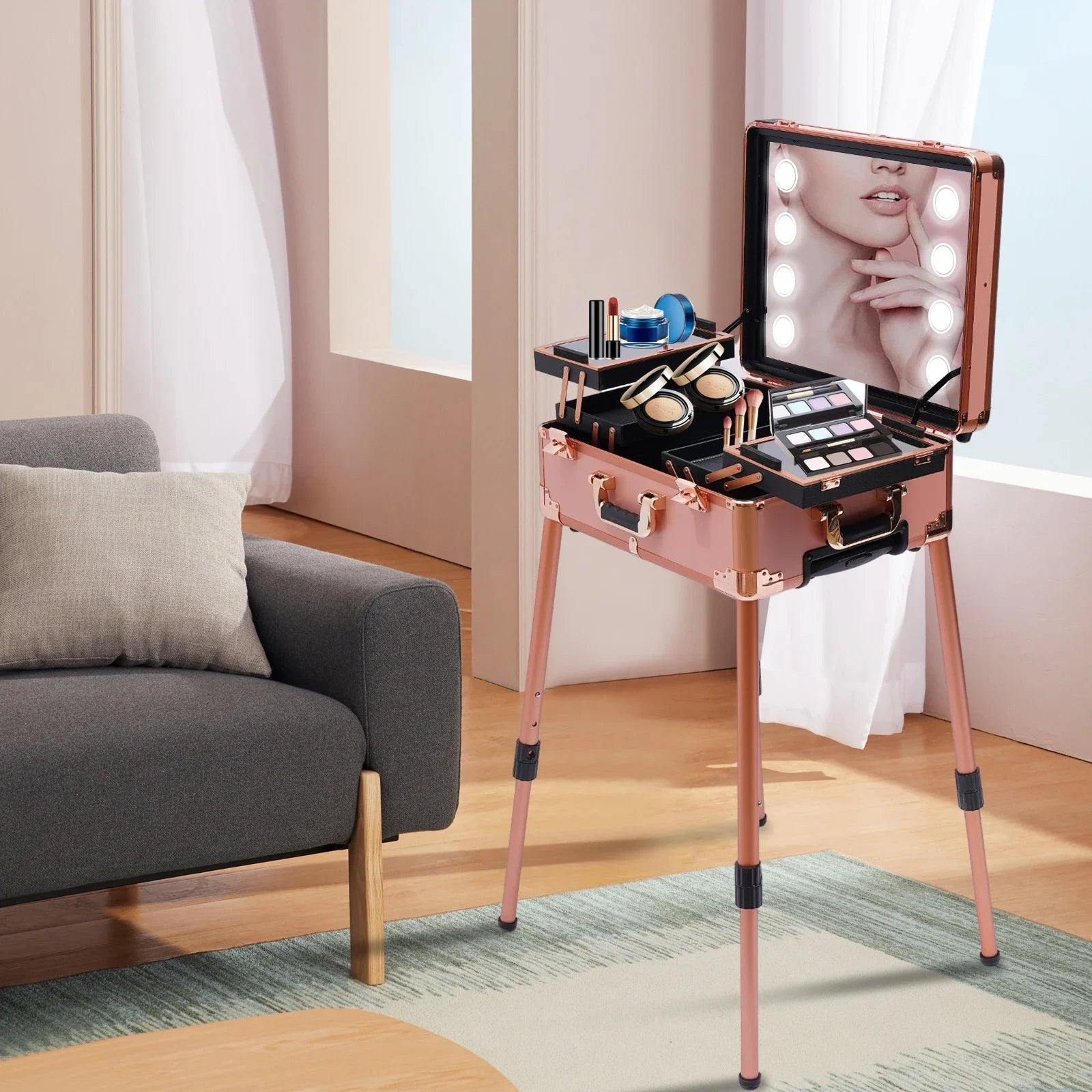 Aluminum Rolling Makeup Trolley With 8 LED Lights and Stand