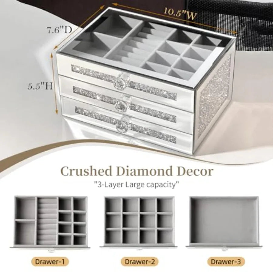 Glass Lid Jewelry Organizer With 3 Drawers