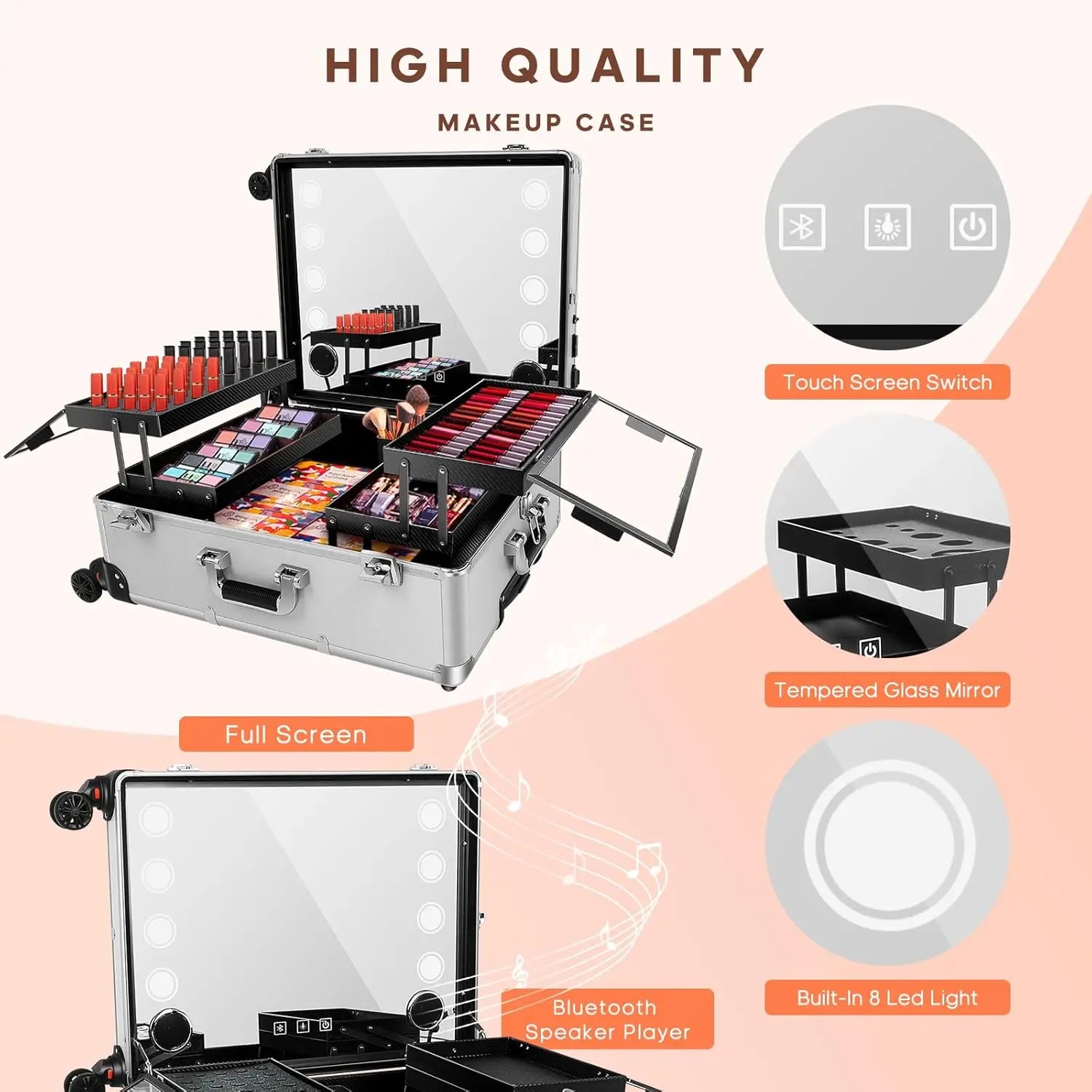 24'' Aluminum Rolling Makeup Trolley with Bluetooth Speakers and LED Lights [White]