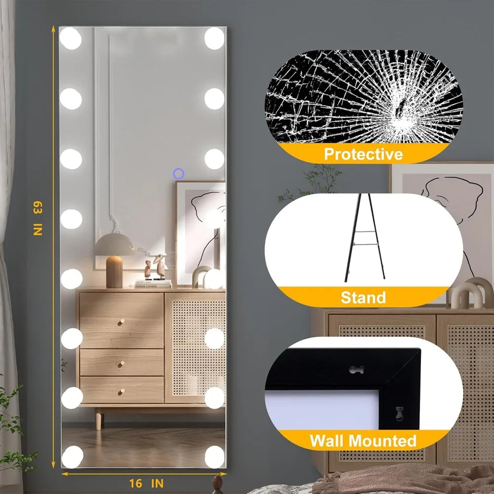 Full Length Vanity Mirror With Light Bulbs & Aluminum Frame [Size: 20"x 63"]