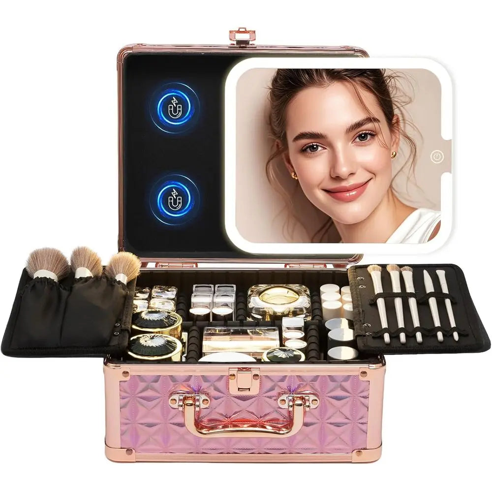 Makeup Case With A Detachable LED Mirror - Sparkling Pink