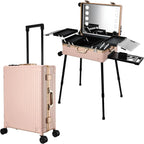 24'' Aluminum Rolling Makeup Trolley with Bluetooth Speakers and LED Lights [Pink]