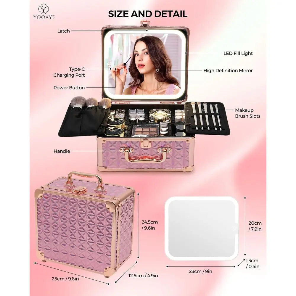 Makeup Case With A Detachable LED Mirror - Sparkling Pink