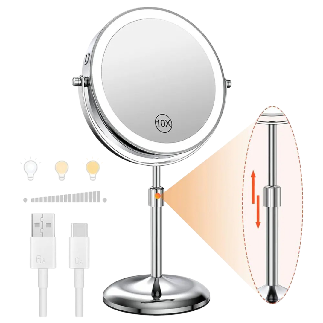 Double Side Standing Makeup Mirror With LED Light and 10x Magnification [8 Inch]