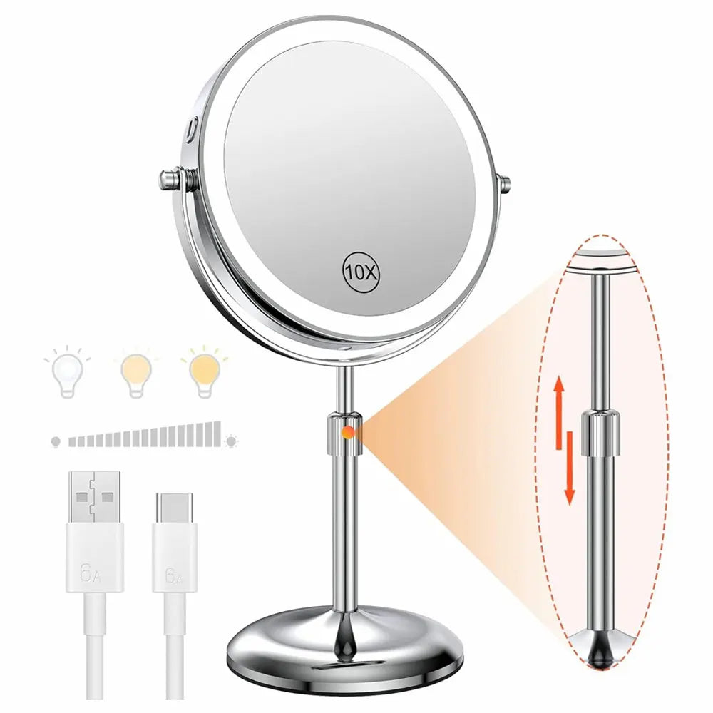 Double Side Standing Makeup Mirror With LED Light and 10x Magnification [8 Inch]