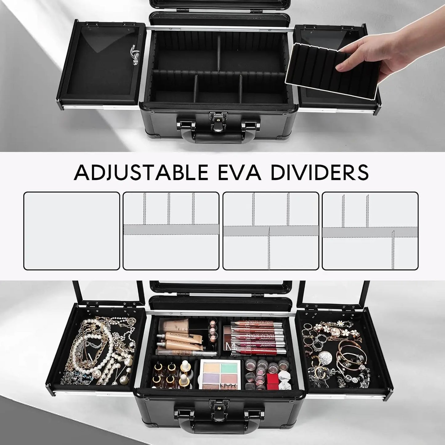 Makeup Storage Case With LED Mirror & Fold-out Trays for Jewelry Storage