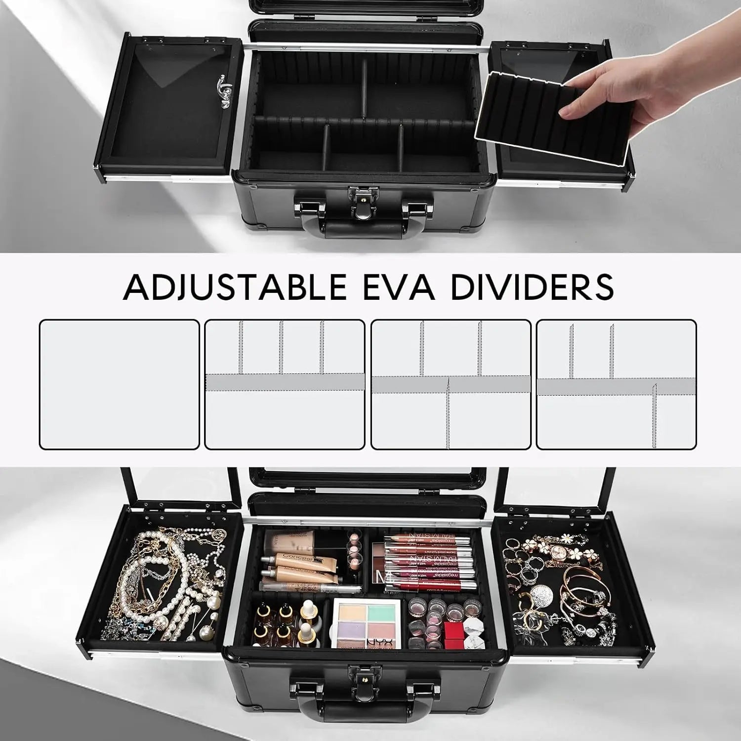 Makeup Storage Case With LED Mirror & Fold-out Trays for Jewelry Storage