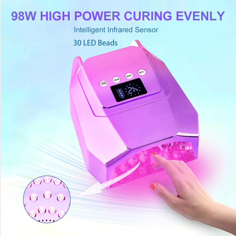 Rechargeable UV LED Nail Dryer Lamp 98W, 4 Timer Setting & 33 LED