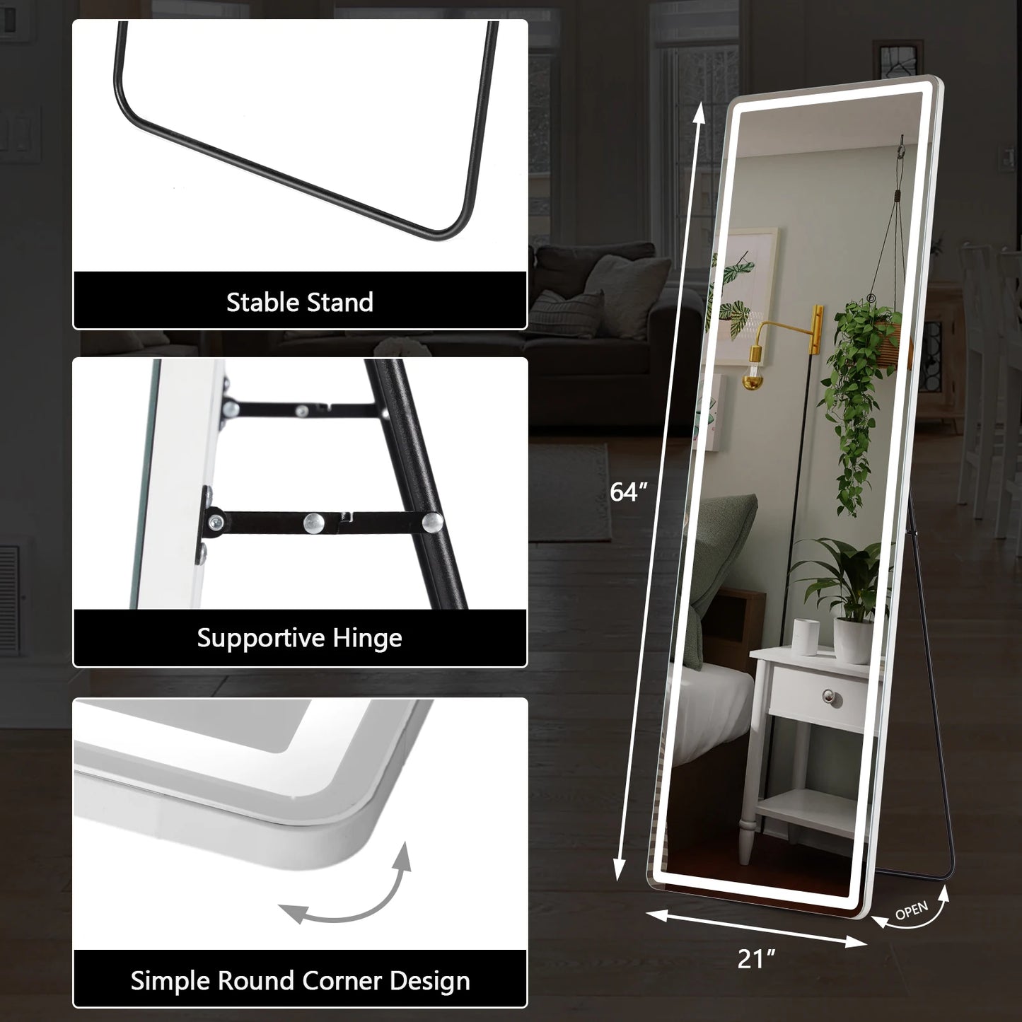 Rectangular Full-Length LED Mirror with Aluminum Frame [Size: 21"x 64"]