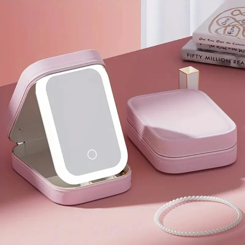 Portable Makeup Jewelry Storage Box with LED Mirror
