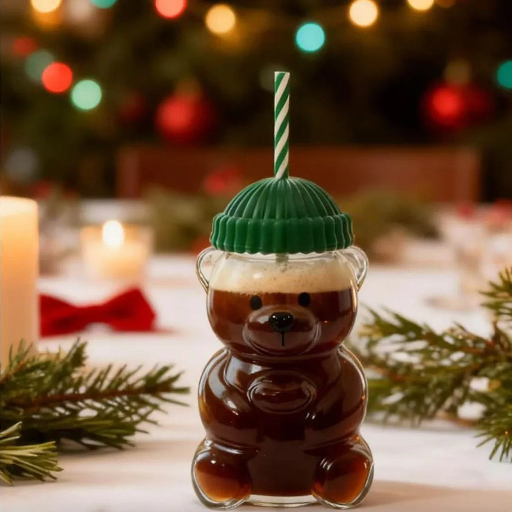Luxury Bear-Shaped Glass Tumbler With Straw & Lid