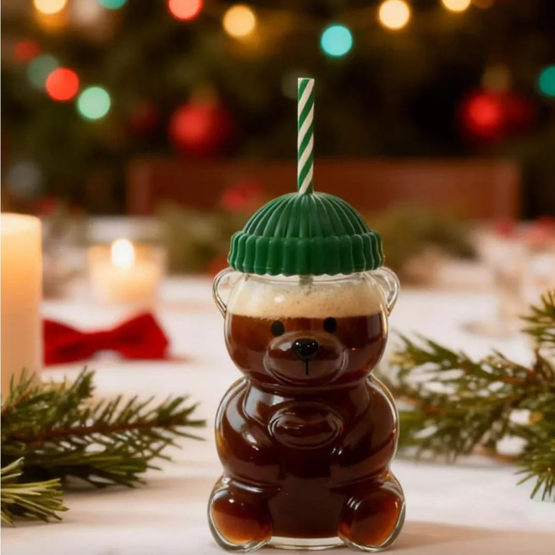 Luxury Bear-Shaped Glass Tumbler With Straw & Lid