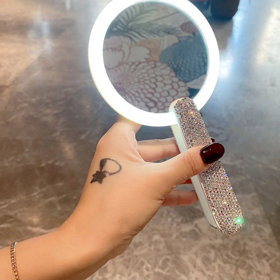 Rotatable Rhinestones Handle Makeup Mirror With LED Light