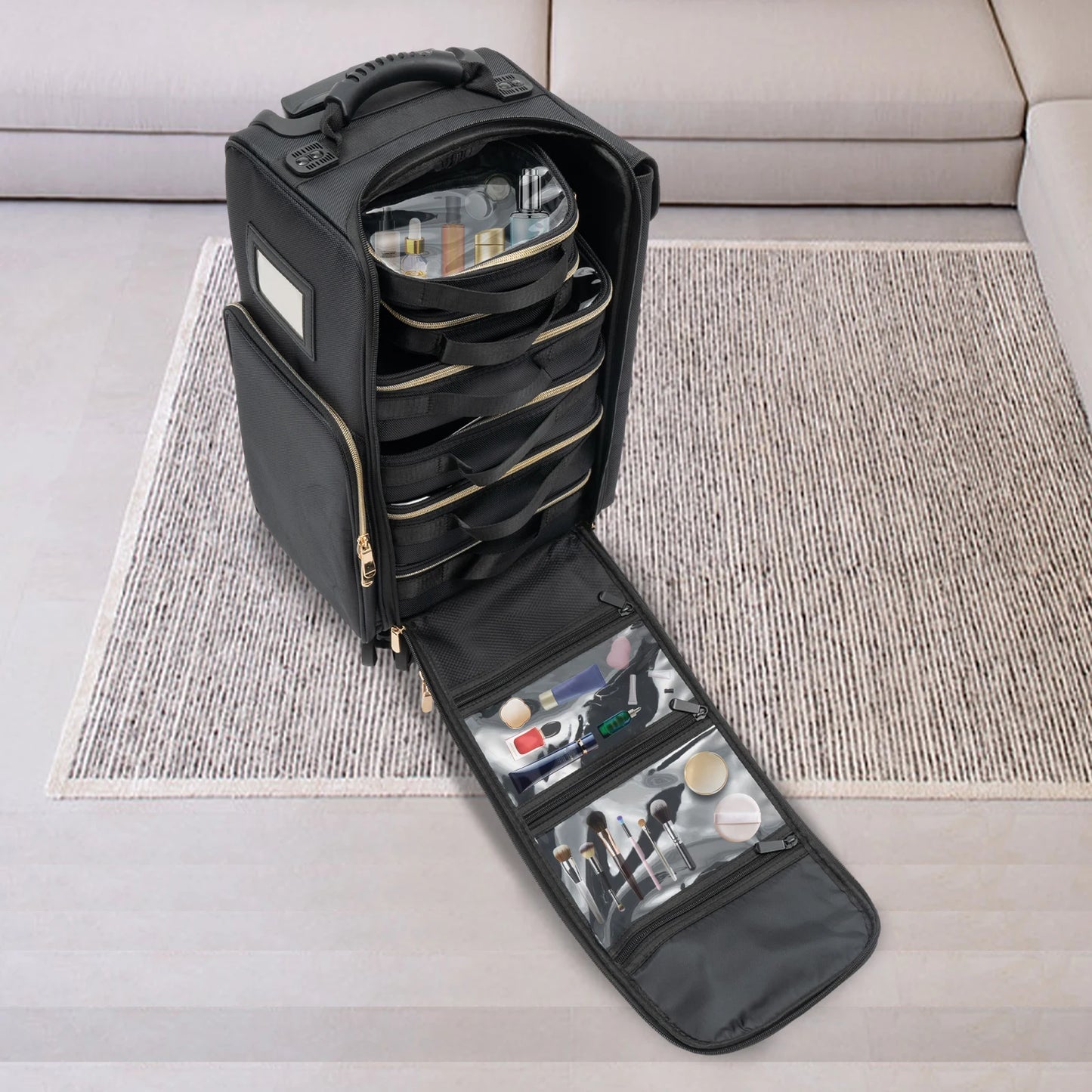 Rolling Makeup Train Case With 6 Removable Bags