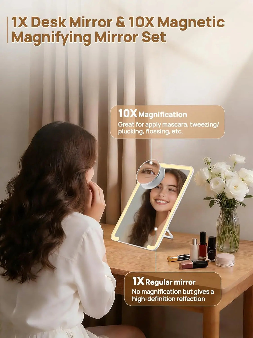 Compact Tabletop LED Makeup Mirror With 10X Magnification