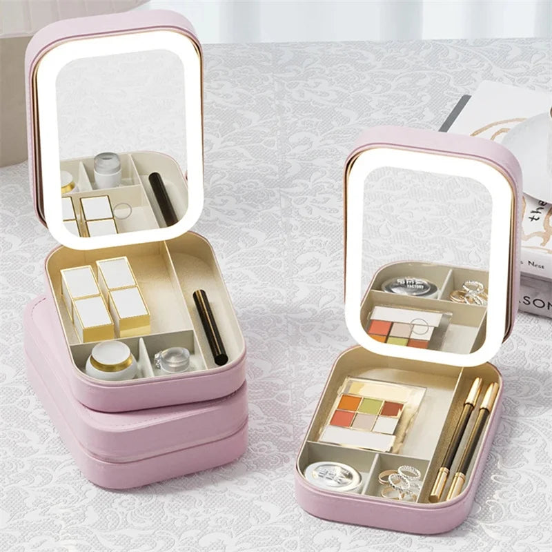 Portable Makeup Jewelry Storage Box with LED Mirror