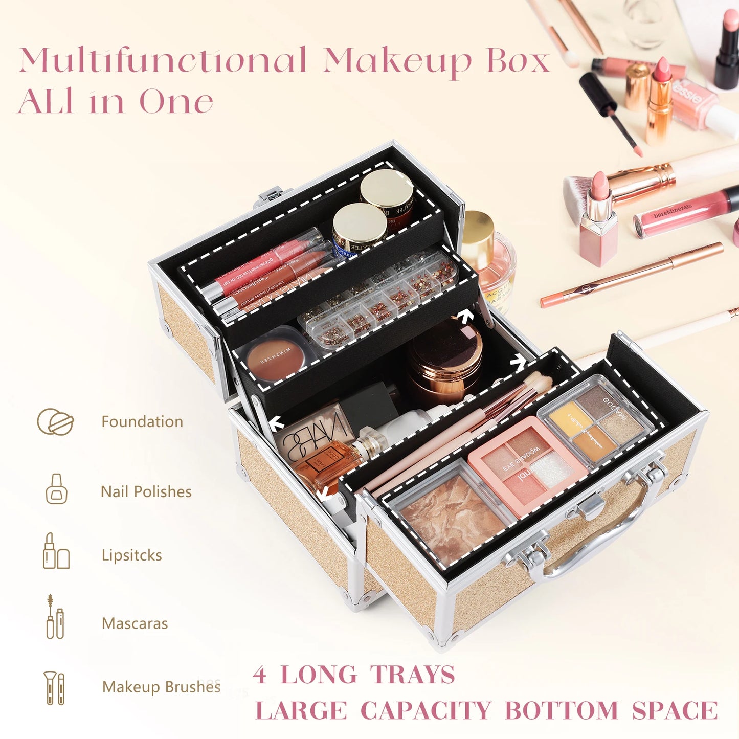 Portable Alloy Cosmetics Makeup Case [4 trays]