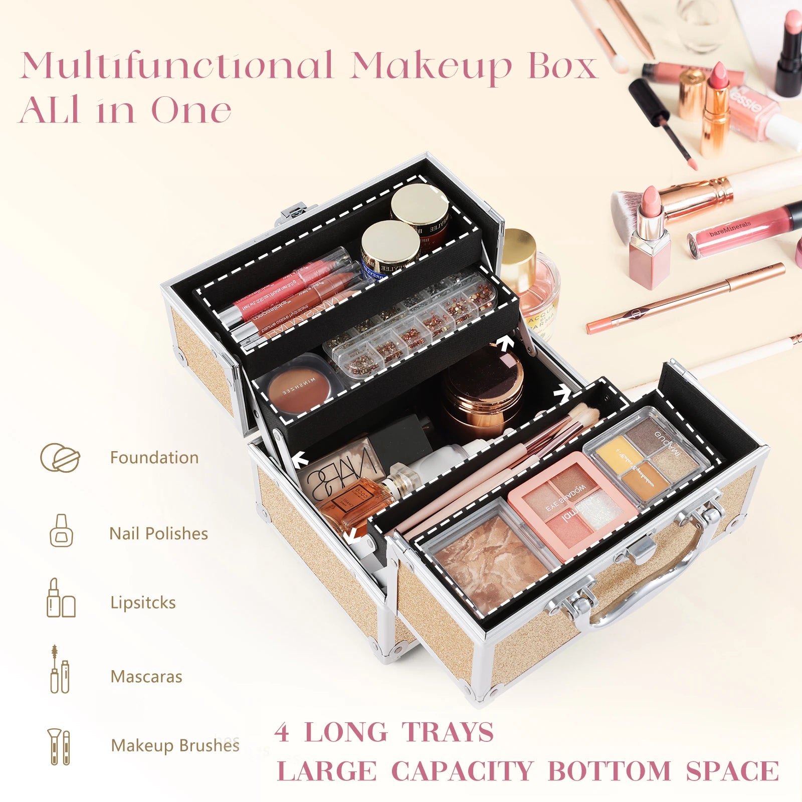 Portable Alloy Cosmetics Makeup Case [4 trays]