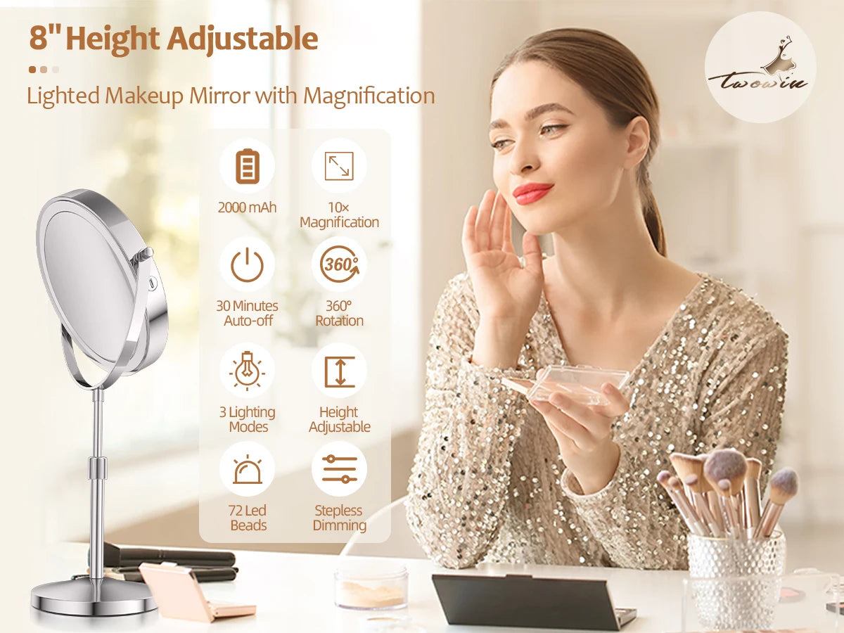 Double Side Standing Makeup Mirror With LED Light and 10x Magnification [8 Inch]