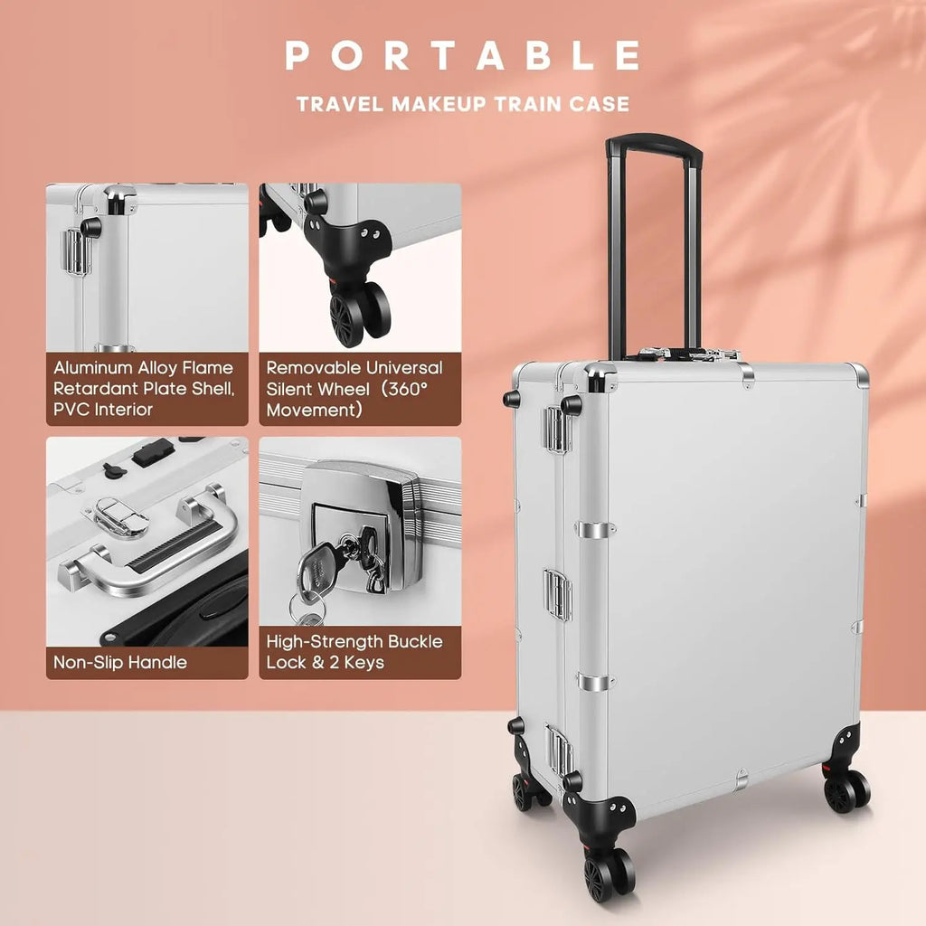 24'' Aluminum Rolling Makeup Trolley with Bluetooth Speakers and LED Lights [White]