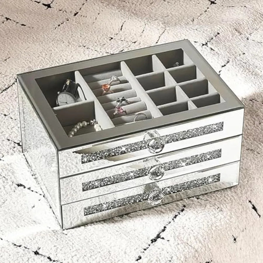 Glass Lid Jewelry Organizer With 3 Drawers