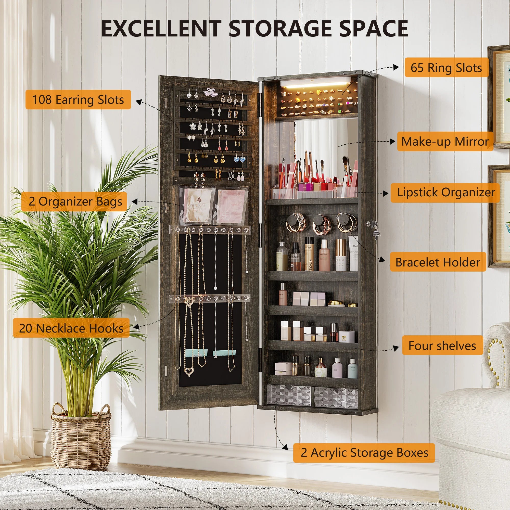 Wall Mounted Jewelry Organizer With LED Mirror