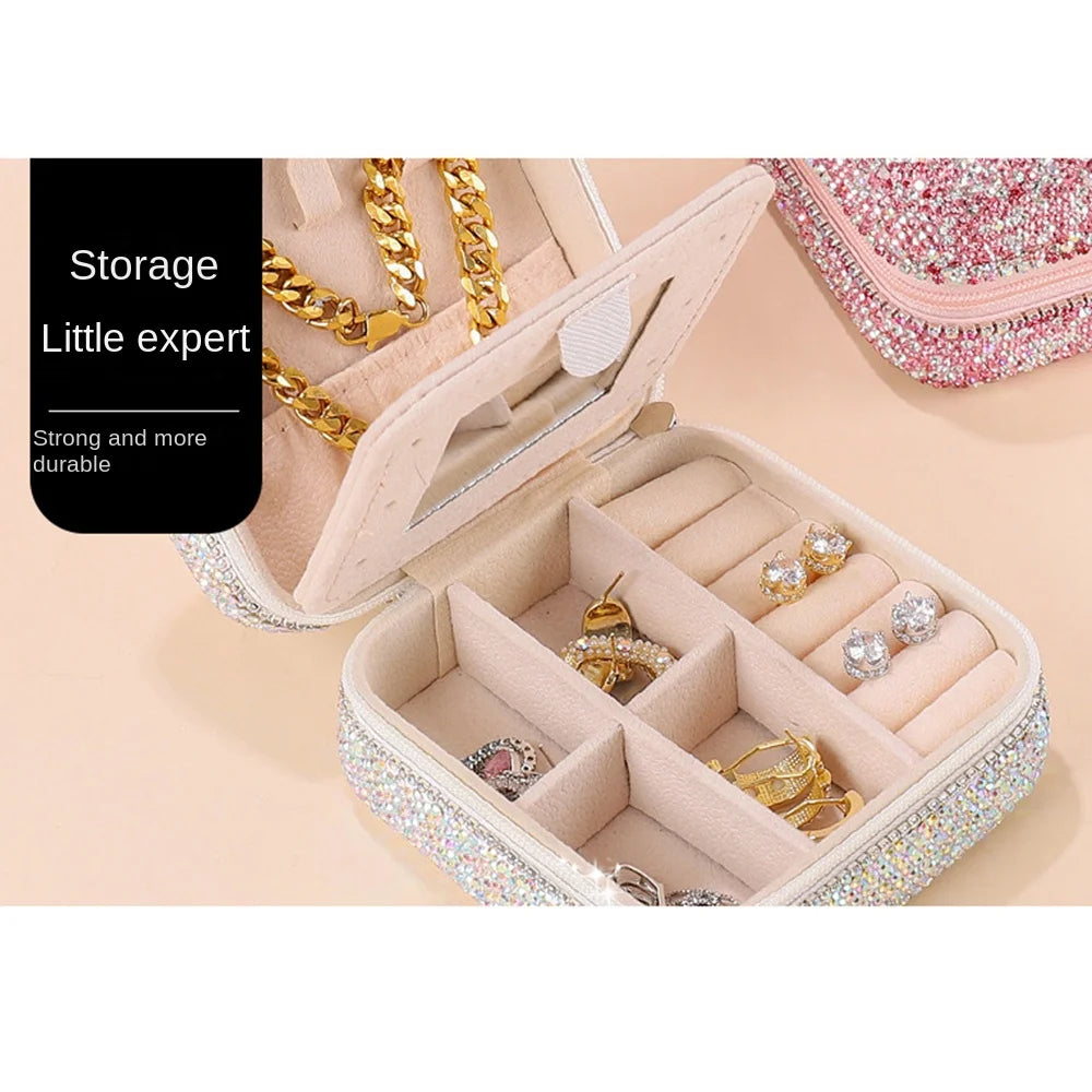 Luxury Bling Rhinestone Double Layer Jewelry Box  With Mirror