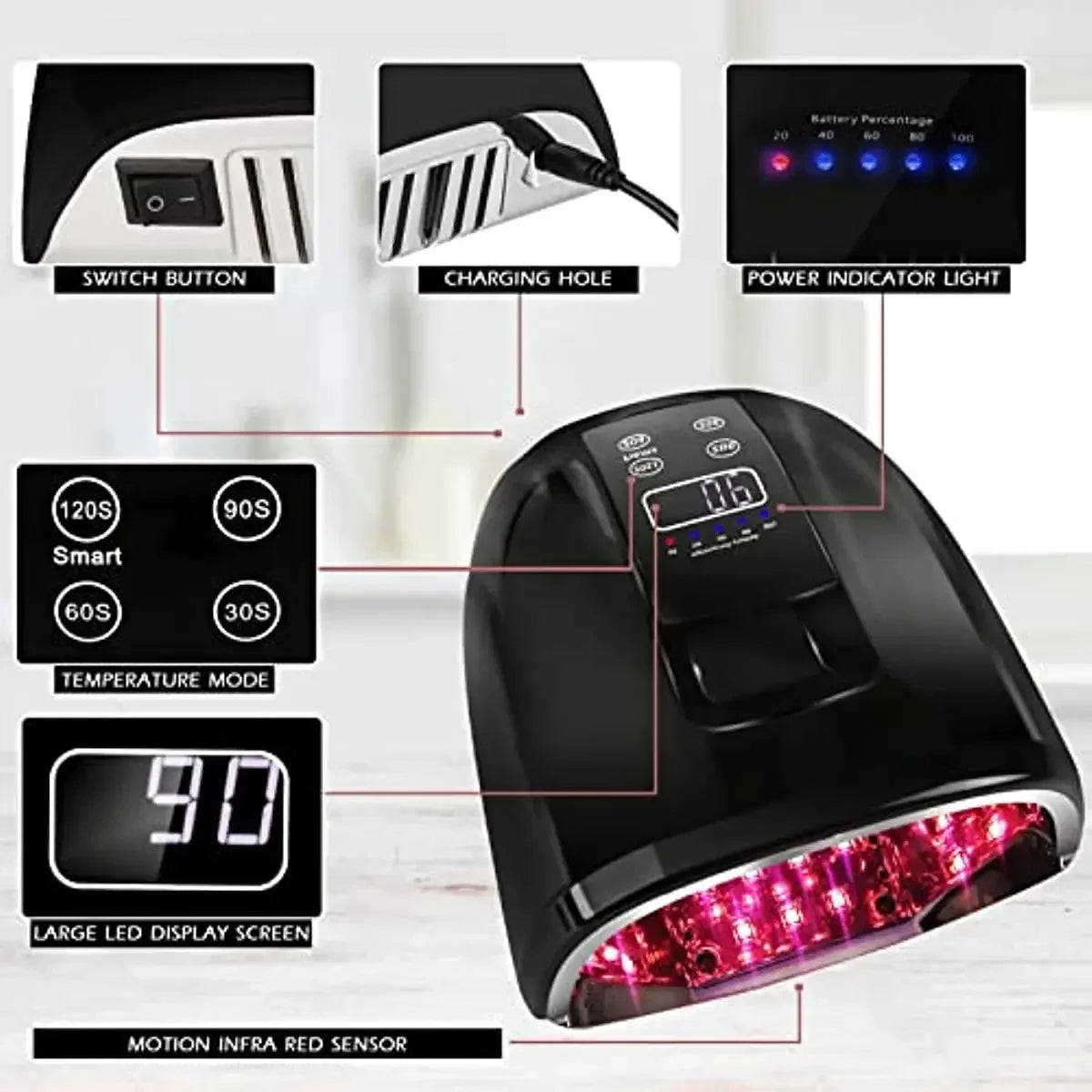 Rechargeable UV LED Acrylic Nail Dryer Lamp 90W, 4 Timer Setting & 45 LED