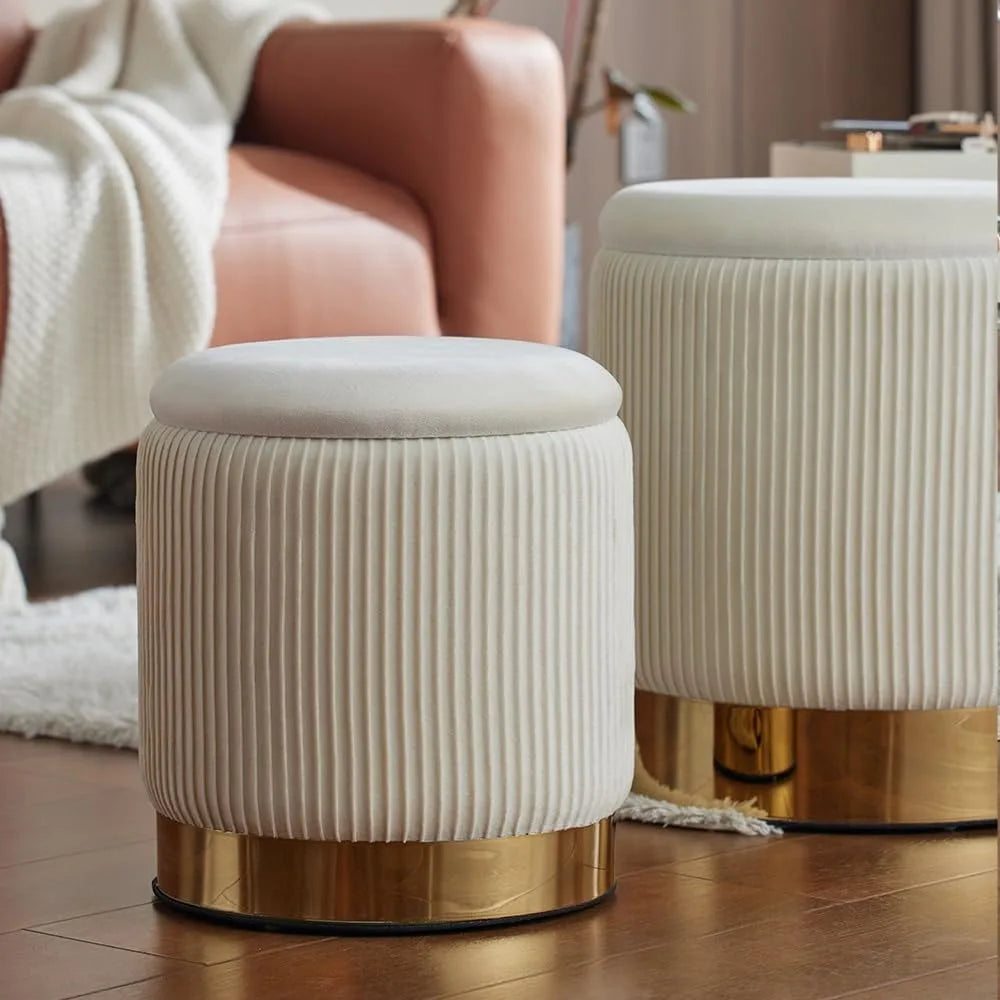 Set Of 2 Round Ottoman Vanity Stool [Cream]