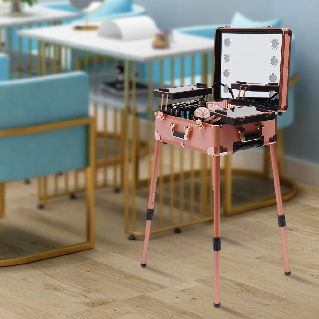 Aluminum Rolling Makeup Trolley With 8 LED Lights and Stand