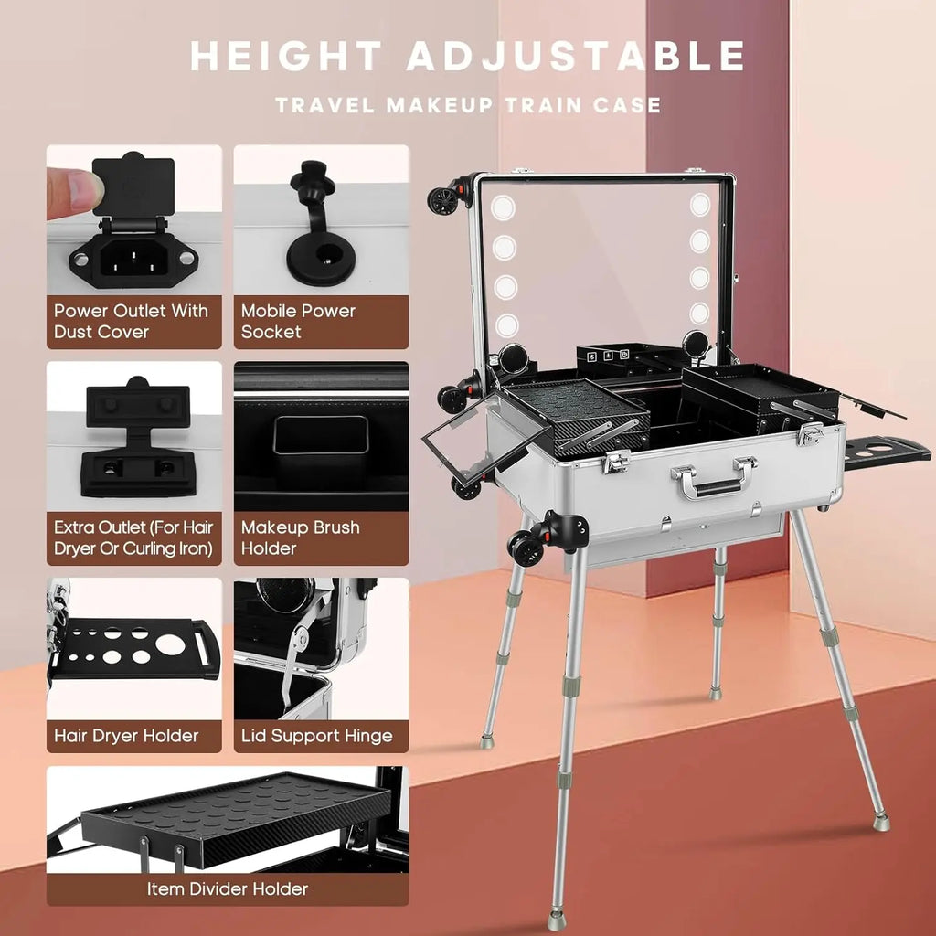 24'' Aluminum Rolling Makeup Trolley with Bluetooth Speakers and LED Lights [White]