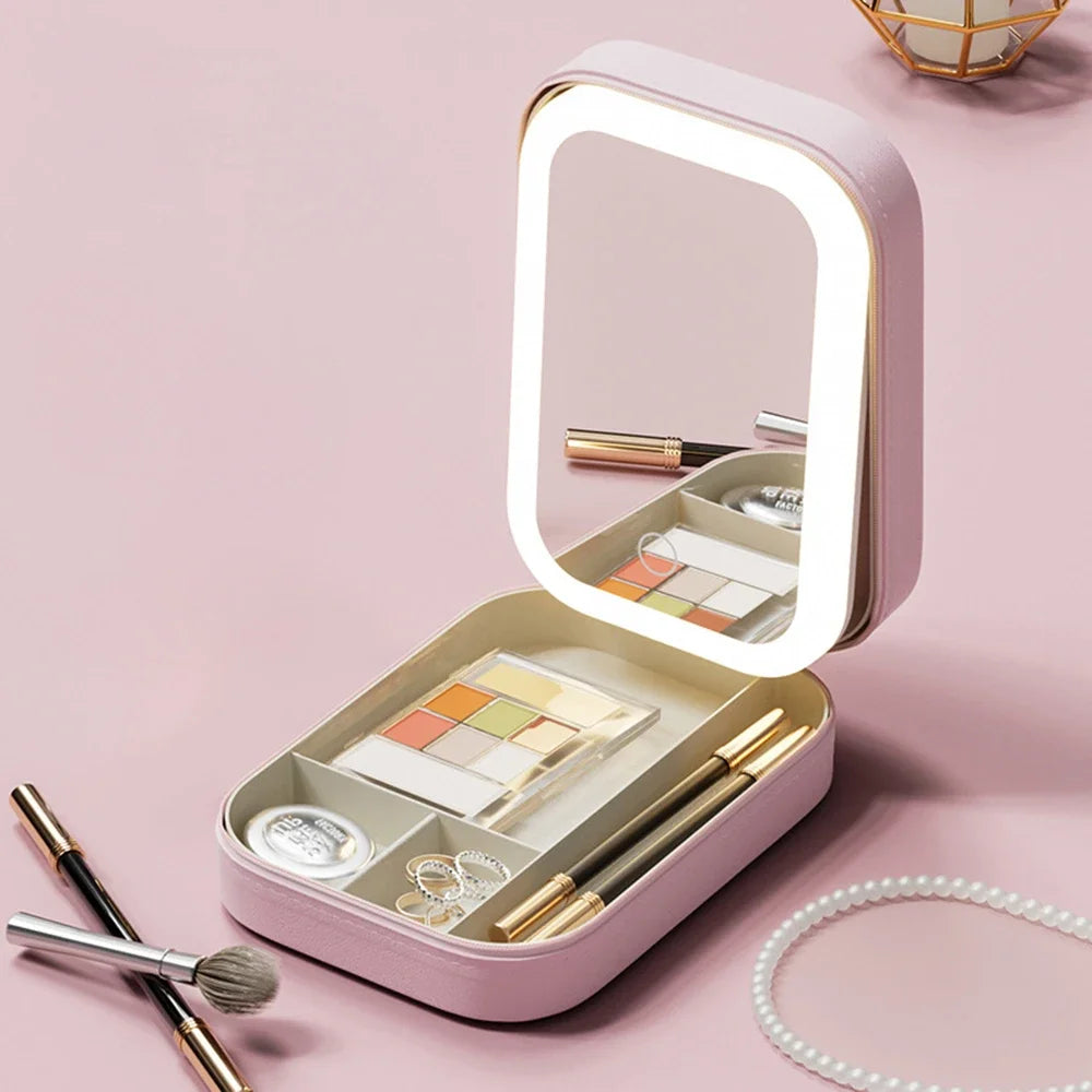 Portable Makeup Jewelry Storage Box with LED Mirror