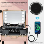24'' Aluminum Rolling Makeup Trolley with Bluetooth Speakers and LED Lights [Pink]