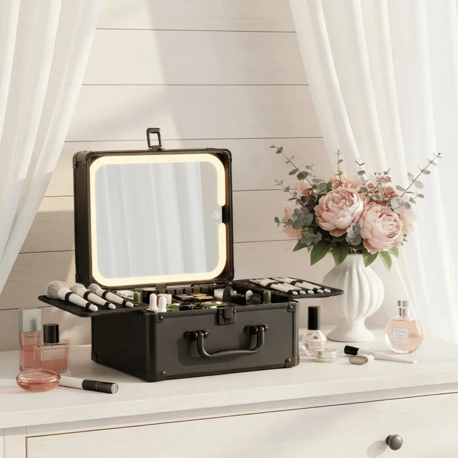 Makeup Case With A Detachable LED Mirror - Black