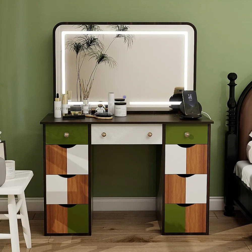 Vanity Desk with Power Outlet, LED Lights, & 9 Drawers